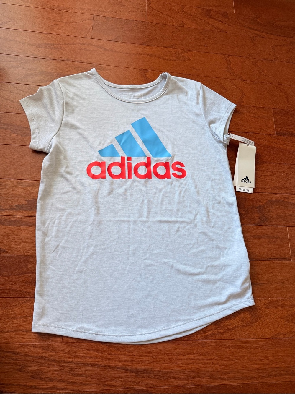 adidas White Tee with Blue Trefoil and Red adidas Wordmark
